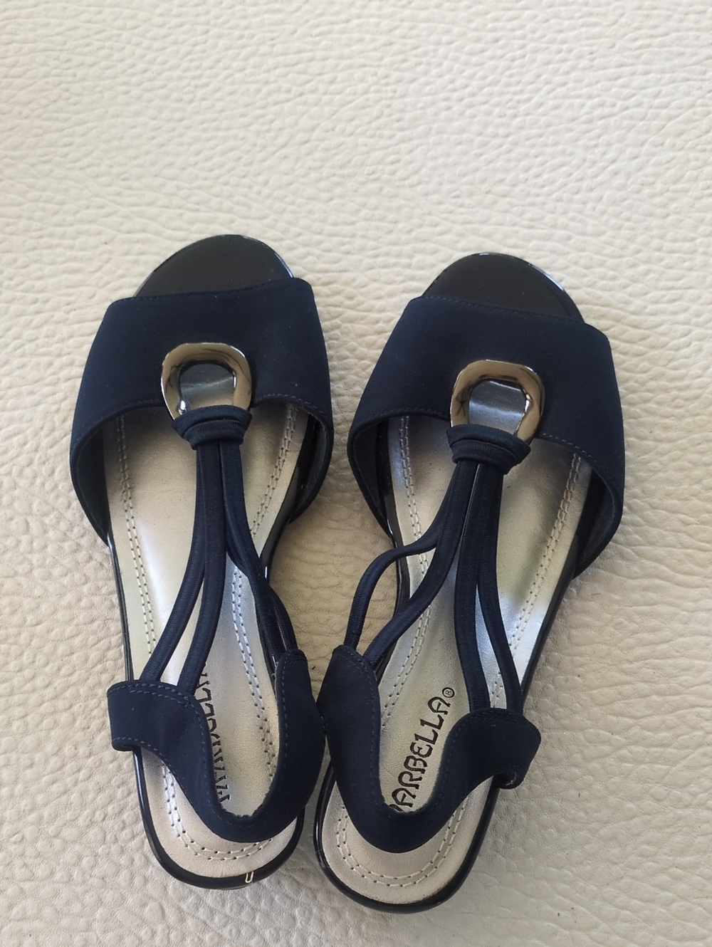 Paselli Women's Navy T-Strap Sandals with Metal Ring Accent
